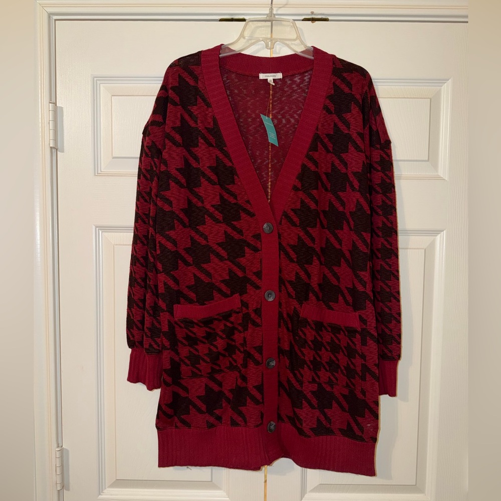 Maurices Burgundy and Black Houndstooth Cardigan